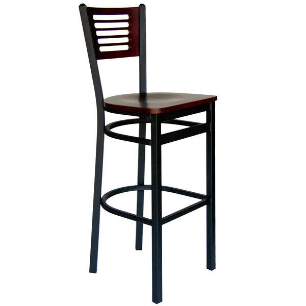 BFM Seating Espy Sand Black Metal Bar Height Chair with Mahogany Wooden Back and Seat