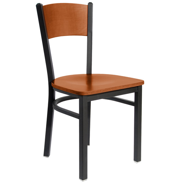 BFM Seating 2150CCHW-CHSB Dale Sand Black Metal Side Chair with Cherry Finish Wooden Back and Seat