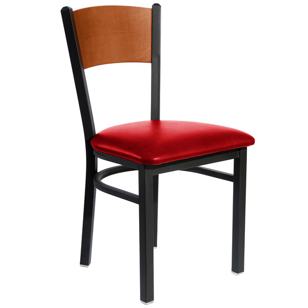 BFM Seating Dale Sand Black Metal Side Chair with Cherry Finish Wooden Back and 2" Red Vinyl Seat