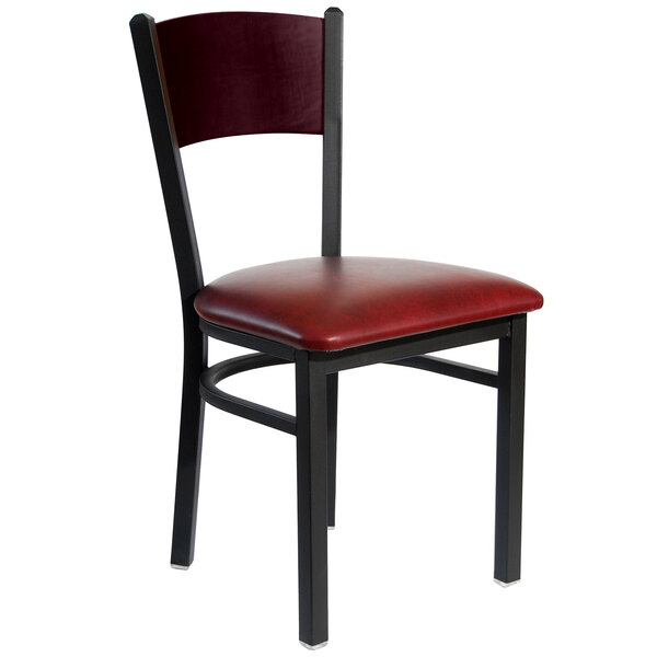 BFM Seating Dale Sand Black Metal Side Chair with Mahogany Finish Wooden Back and 2" Burgundy Vinyl Seat