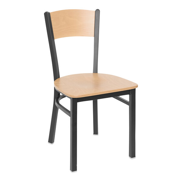 A BFM Seating Dale wooden side chair with a black metal frame.