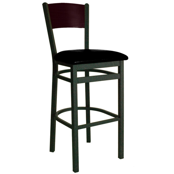 BFM Seating 2150BBLV-MHSB Dale Sand Black Metal Bar Height Chair with Mahogany Finish Wooden Back and 2" Black Vinyl Seat