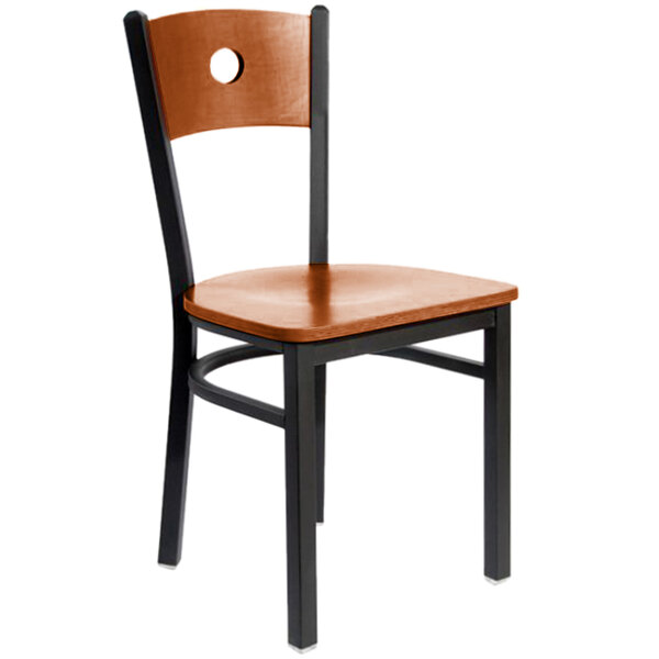 BFM Seating Darby Sand Black Metal Side Chair with Cherry Wooden Back and Seat