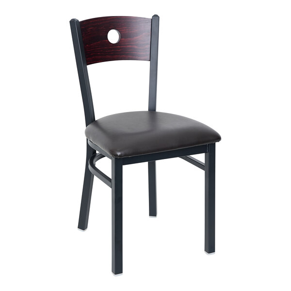 BFM Seating Darby Sand Black Metal Side Chair with Mahogany Wooden Back and 2" Black Vinyl Seat