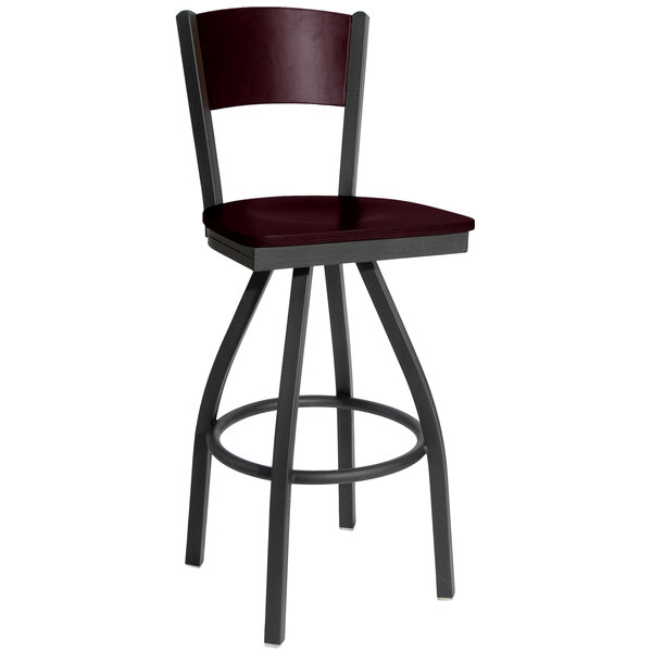 BFM Seating 2150SMHW-MHSB Dale Sand Black Metal Swivel Bar Height Chair with Mahogany Finish Wooden Back and Seat