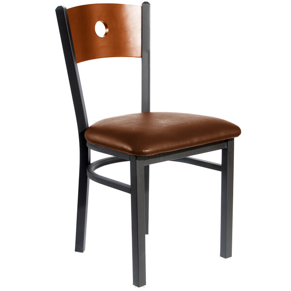 BFM Seating 2152CLBV-CHSB Darby Sand Black Metal Side Chair with Cherry Wooden Back and 2" Light Brown Vinyl Seat