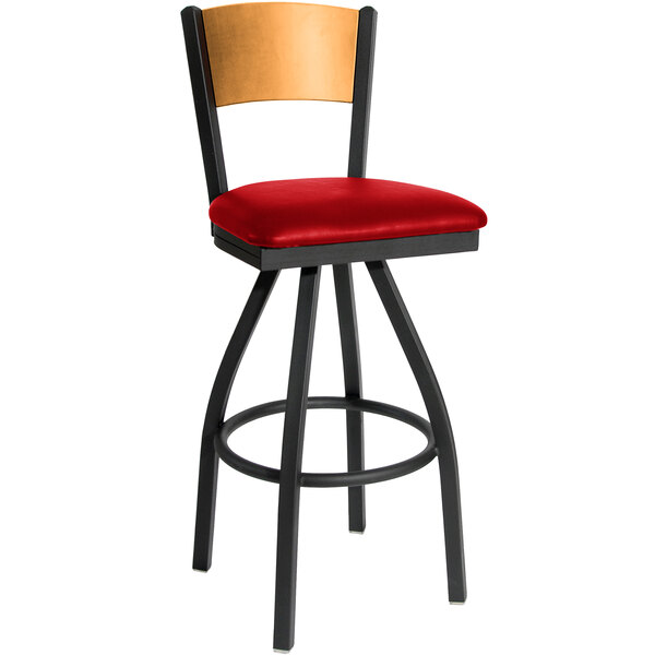 BFM Seating Dale Sand Black Metal Swivel Bar Height Chair with Natural Finish Wooden Back and 2" Red Vinyl Seat