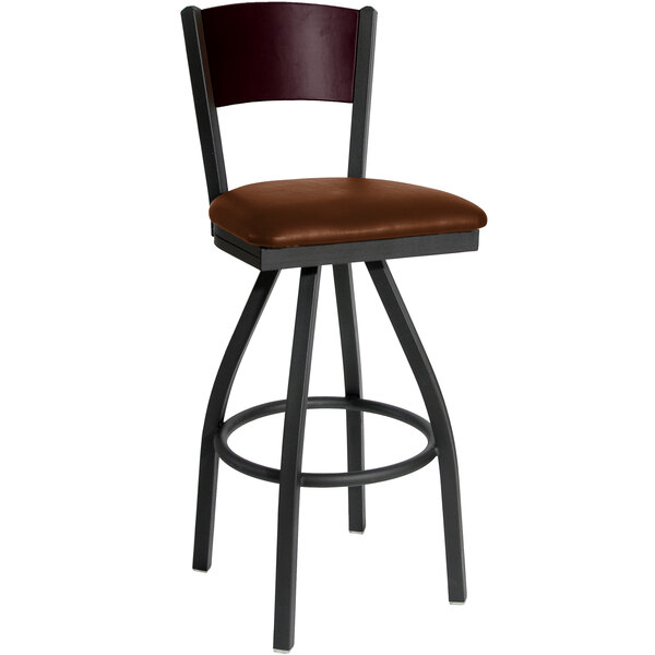 BFM Seating Dale Sand Black Metal Swivel Bar Height Chair with Mahogany Finish Wooden Back and 2" Light Brown Vinyl Seat