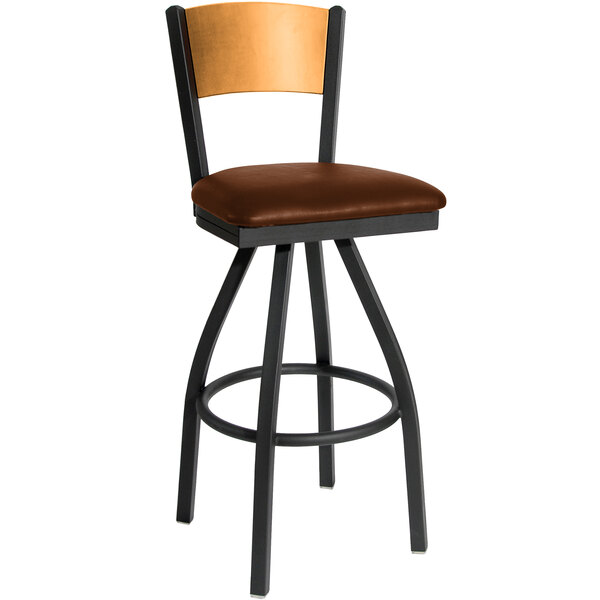 BFM Seating Dale Sand Black Metal Swivel Bar Height Chair with Natural Finish Wooden Back and 2" Light Brown Vinyl Seat