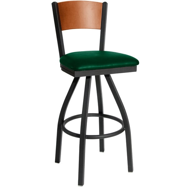 BFM Seating 2150SGNV-CHSB Dale Sand Black Metal Swivel Bar Height Chair with Cherry Finish Wooden Back and 2" Green Vinyl Seat