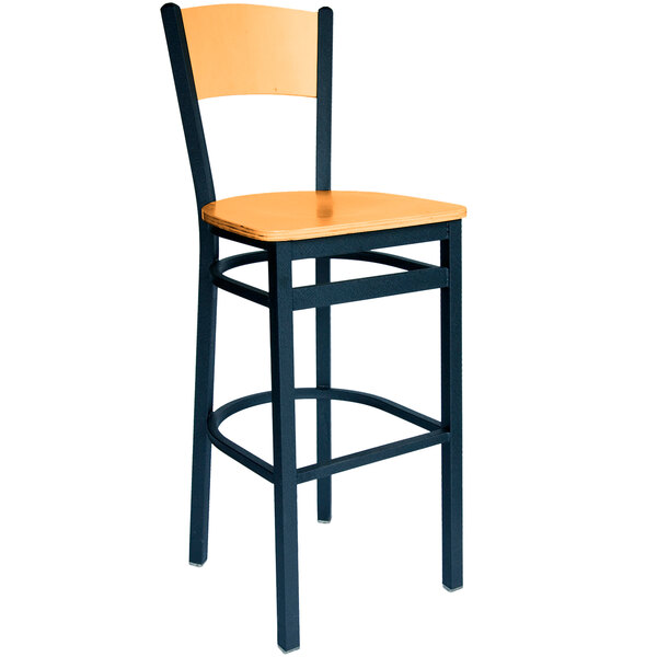 BFM Seating 2150BNTW-NTSB Dale Sand Black Metal Bar Height Chair with Natural Finish Wooden Back and Seat