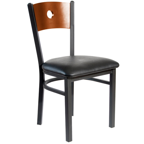 BFM Seating 2152CBLV-CHSB Darby Sand Black Metal Side Chair with Cherry Wooden Back and 2" Black Vinyl Seat