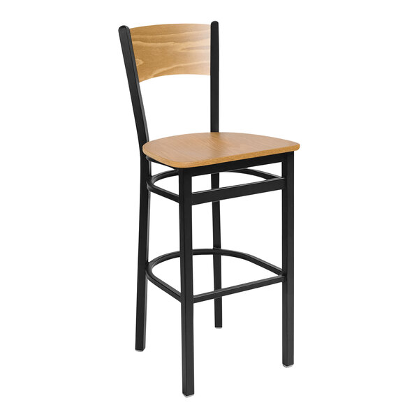 BFM Seating Dale Sand Black Metal Bar Height Chair with Cherry Finish Wooden Back and Seat