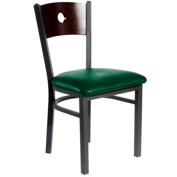 BFM Seating 2152CGNV-WASB Darby Sand Black Metal Side Chair with Walnut Wooden Back and 2" Green Vinyl Seat
