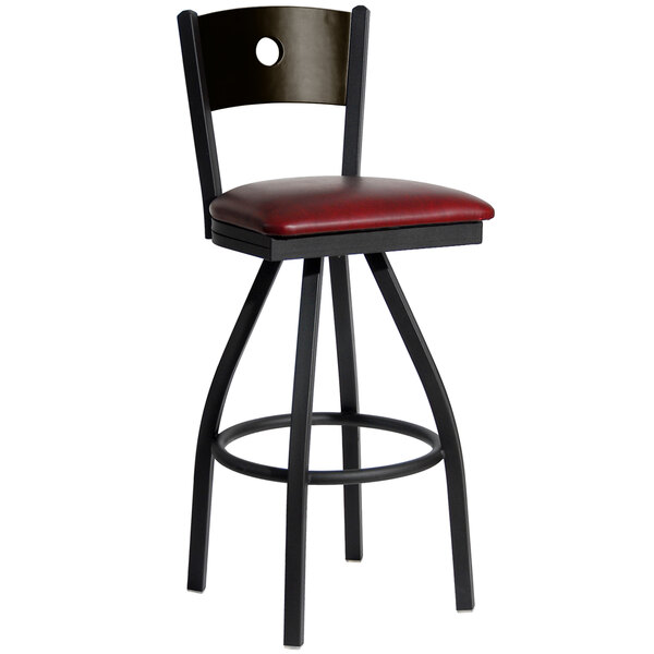 BFM Seating Darby Sand Black Metal Bar Height Chair with Walnut Wooden Back and 2" Burgundy Vinyl Swivel Seat