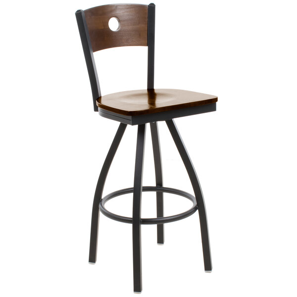 BFM Seating Darby Sand Black Metal Bar Height Chair with Walnut Wooden Back and Swivel Seat
