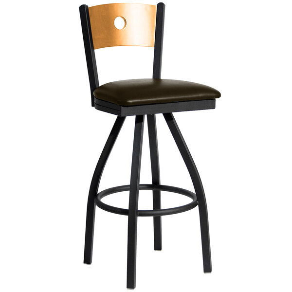 BFM Seating Darby Sand Black Metal Bar Height Chair with Natural Wooden Back and 2" Dark Brown Vinyl Swivel Seat