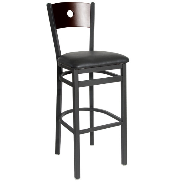BFM Seating 2152BBLV-WASB Darby Sand Black Metal Bar Height Chair with Walnut Wooden Back and 2" Black Vinyl Seat