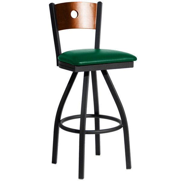 BFM Seating Darby Sand Black Metal Bar Height Chair with Cherry Wooden Back and 2" Green Vinyl Swivel Seat