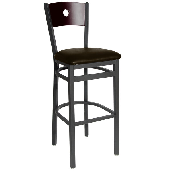 BFM Seating 2152BDBV-MHSB Darby Sand Black Metal Bar Height Chair with Mahogany Wooden Back and 2" Dark Brown Vinyl Seat