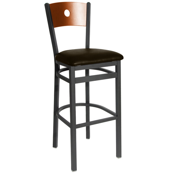 BFM Seating 2152BDBV-CHSB Darby Sand Black Metal Bar Height Chair with Cherry Wooden Back and 2" Dark Brown Vinyl Seat