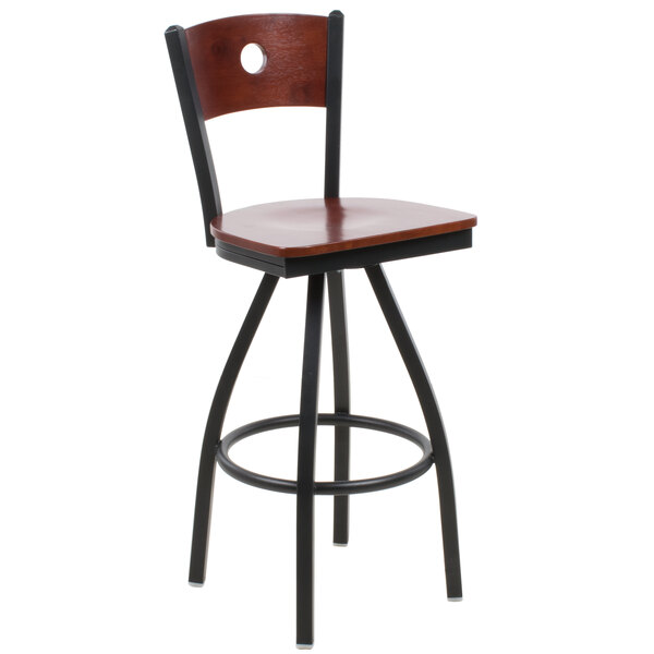 BFM Seating 2152SMHW-MHSB Darby Sand Black Metal Bar Height Chair with Mahogany Wooden Back and Swivel Seat