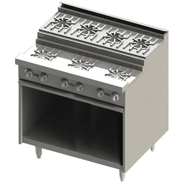 A stainless steel Blodgett commercial range with 7 burners and a cabinet base.