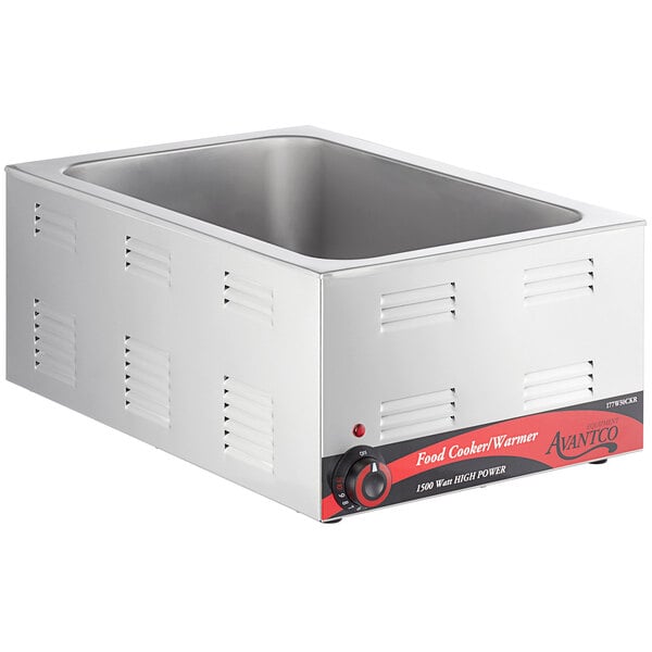 An Avantco countertop food cooker and warmer with a stainless steel rectangular container and red knob.