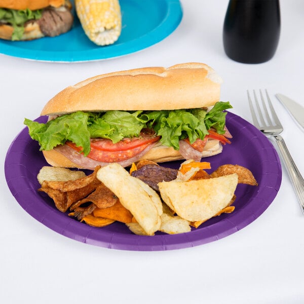 A sandwich and chips on a Creative Converting purple paper plate on a table.