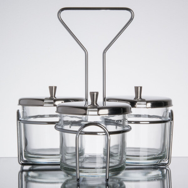 Thunder Group 3 Compartment Wire Condiment Caddy with 7 oz. Glass Jars