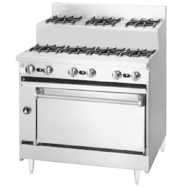 A large stainless steel Blodgett range with a convection oven and a door.
