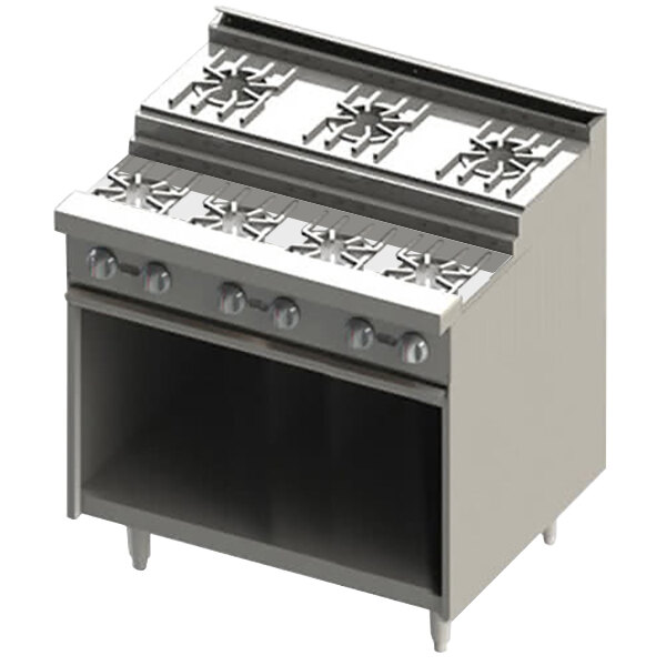 A stainless steel Blodgett step-up range with four burners.