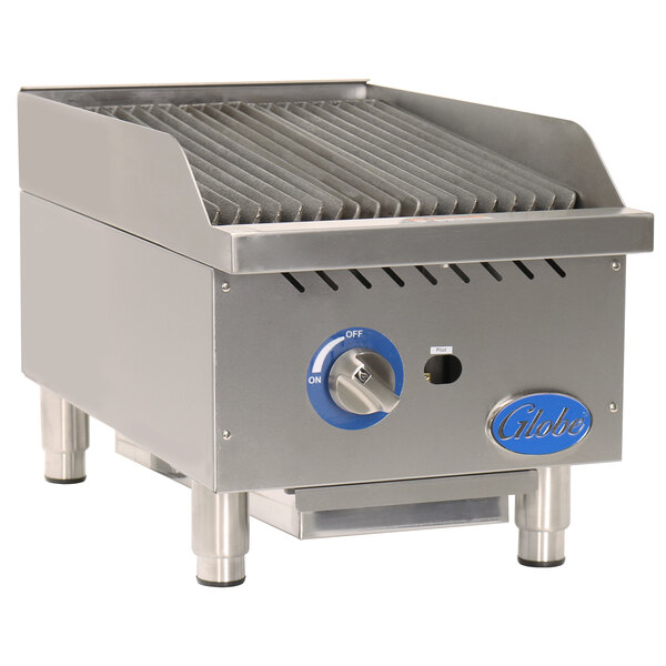 A Globe gas charbroiler with blue controls on a counter.