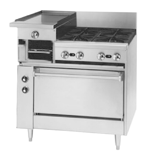 A stainless steel Blodgett range with two burners and a griddle over two ovens with a cabinet base.
