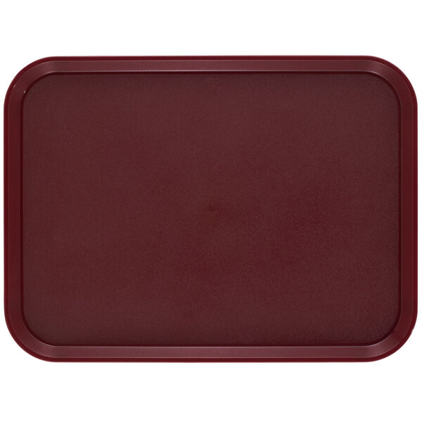 A dark red rectangular Cambro tray with a non-skid surface.