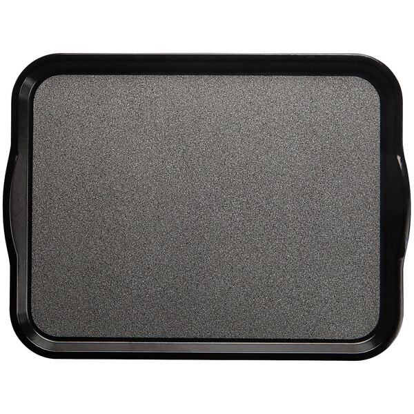 A black rectangular Cambro tray with a black handle.
