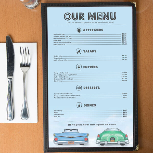 A white menu with a retro car design and silverware on it.