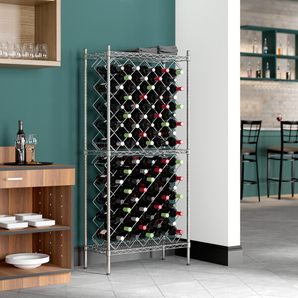 A Regency chromate wire wine rack with 84 bottles on it.
