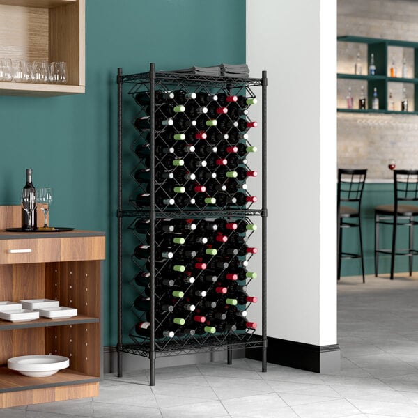 A Regency black wire wine rack with bottles on it.