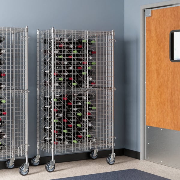 Two Regency metal wine racks with bottles on them.