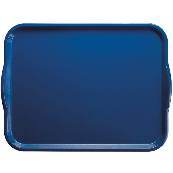 A blue rectangular Cambro serving tray with white handles.