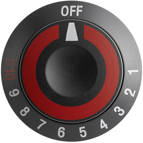 A close-up of a black and red Avantco control knob with white numbers.
