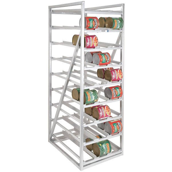 A Channel heavy-duty metal stationary can rack with cans on it.