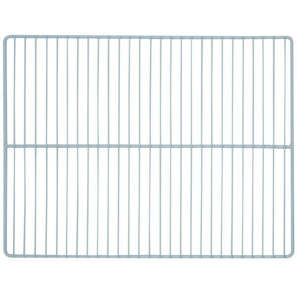 A gray coated wire shelf with clips and a metal grid on it.
