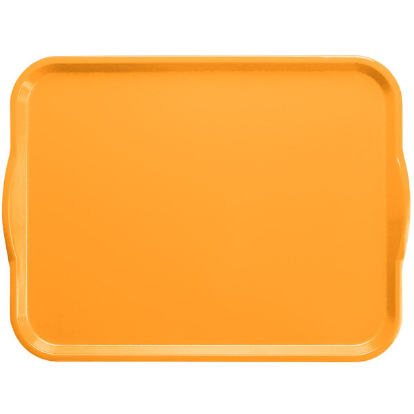 A mustard Cambro rectangular fiberglass tray with handles.