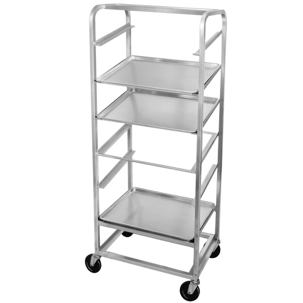 A silver Channel side load angled merchandising cart with seven shelves.
