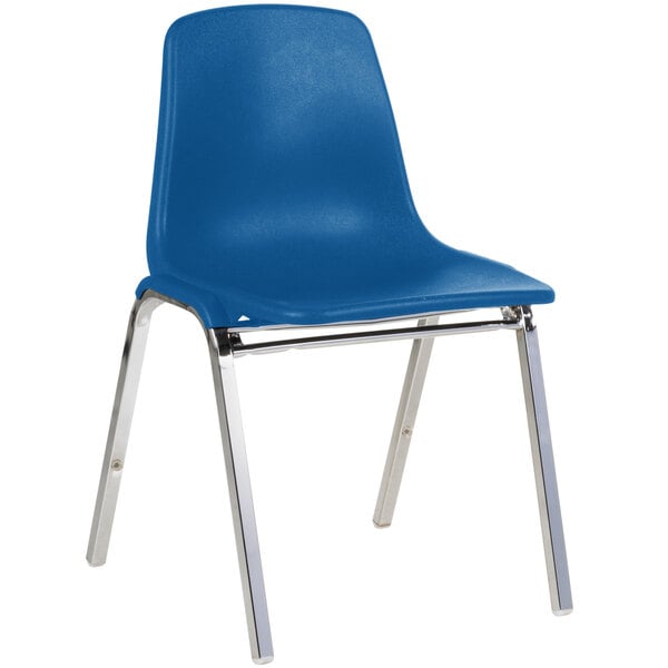 A blue plastic National Public Seating chair with chrome legs.