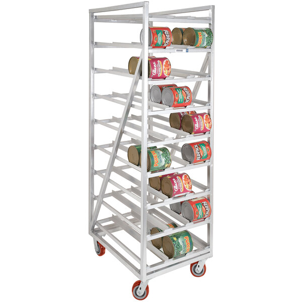 A Channel heavy-duty metal can rack with cans on a shelf.