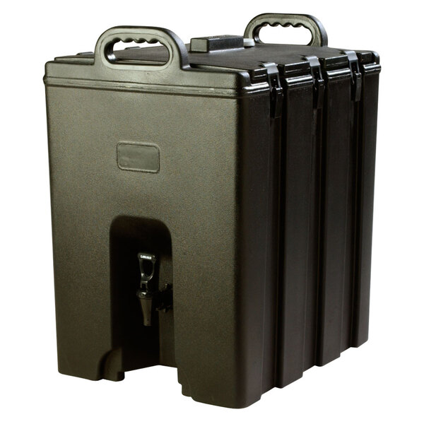 A black Carlisle insulated beverage dispenser with handles.