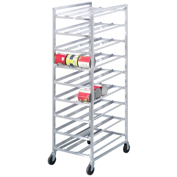 A Channel full size metal can rack with cans on it.